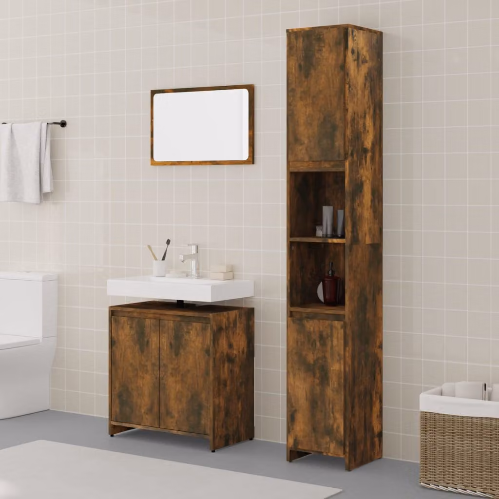 Set di mobili da bagno vidaXL 3 pezzi in legno Rovere Fumo marrone con mobile sottolavabo, armadietto alto e pensile con specchio