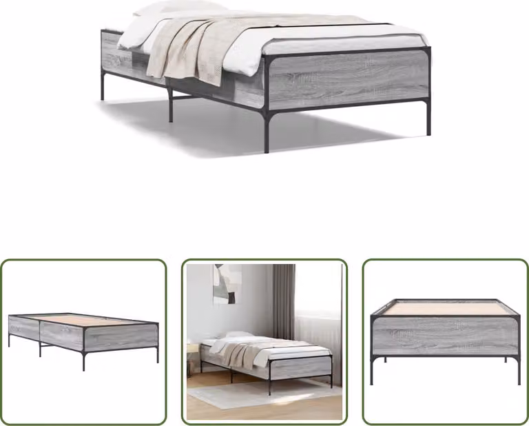 The Living Store Struttura letto Grey Sonoma 100x200 cm Materiale a base di legno e metallo