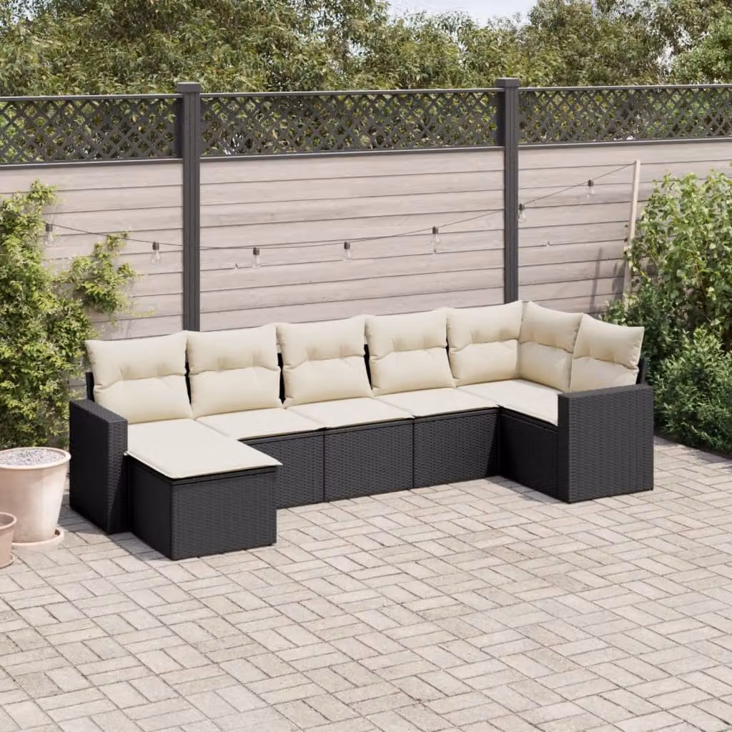 vidaXL Set Divano da Giardino a L con 7 Cuscini, Struttura in Metallo e Polyrattan Nero e Bianco – 1