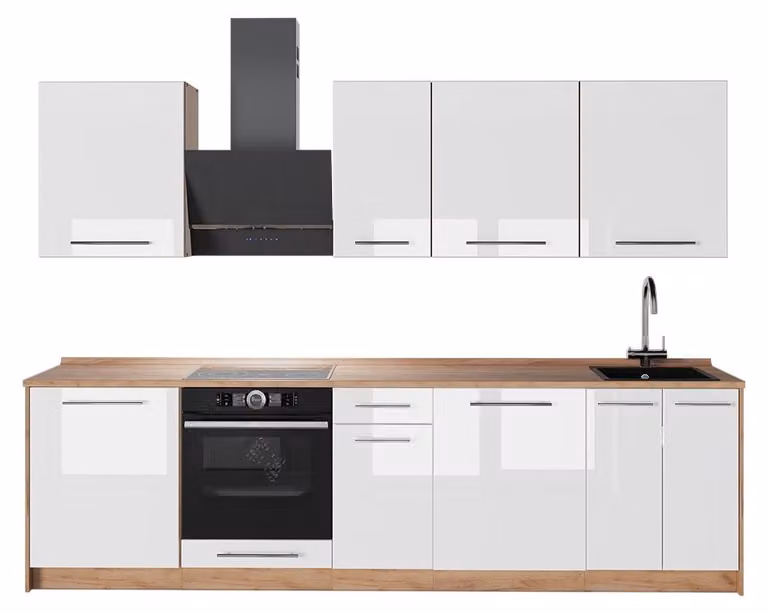 Cucina componibile Vicco Fame-Line Bianco lucido/Rovere dorato 280 cm senza piano di lavoro, Model 64211