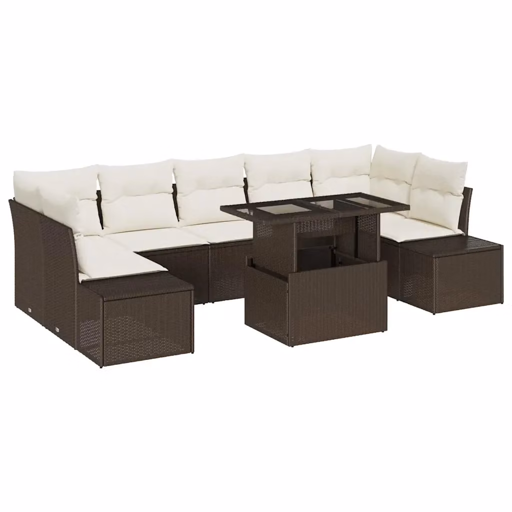 Set di divani da giardino vidaXL 8 pezzi in rattan con cuscini marrone e beige e tavolino da caffè – 2