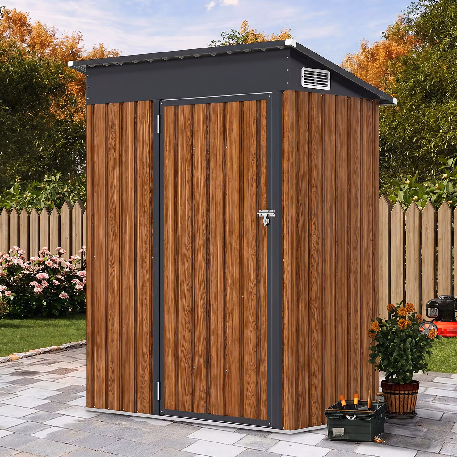Casetta da giardino Costway in metallo galvanizzato con tetto inclinato e ventilazione, colore marrone, L: 150 cm, P: 90,5 cm, H: 185 cm
