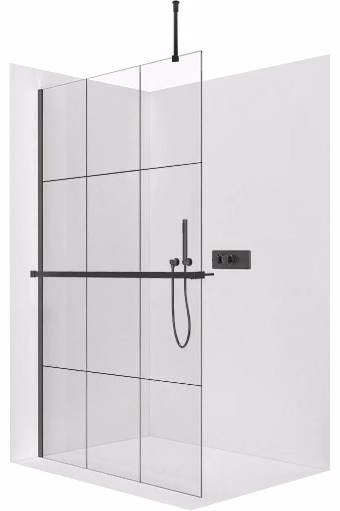 CERANO - Box doccia Walk-in Onyx Top Round L/P - 8 mm - montante arrotondato + mensola/portasciugamani - nero opaco, vetro industriale - 130x200 cm