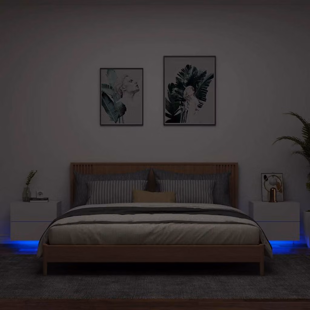 Set di 2 comodini da parete vidaXL con luci LED integrate, design moderno in legno, colore bianco