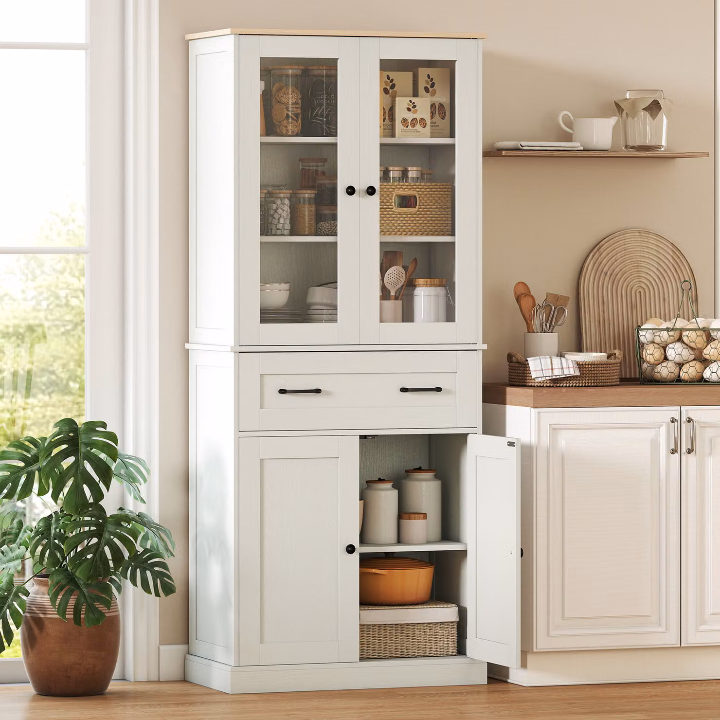 Mobile cucina HOMCOM moderna con 2 ante, cassetto e ripiani regolabili, colore crema, L: 76 cm, P: 40 cm, H: 182,5 cm – 2