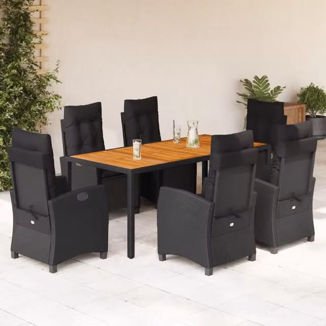 Set da pranzo da giardino vidaXL in legno di acacia e polyrattan nero con 7 pezzi
