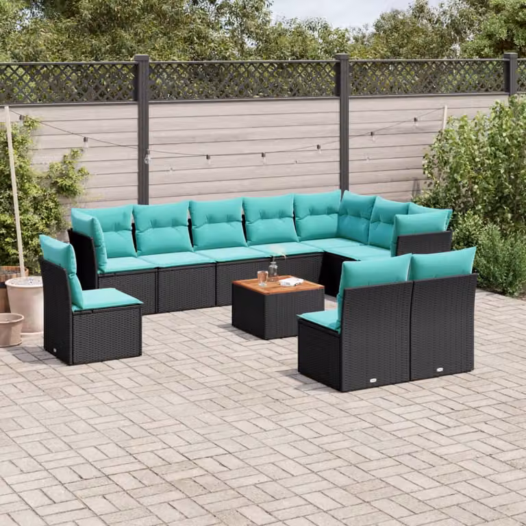 vidaXL Set Divani da Giardino 11 pz in Polyrattan Nero con Cuscini e Tavolino da Esterno