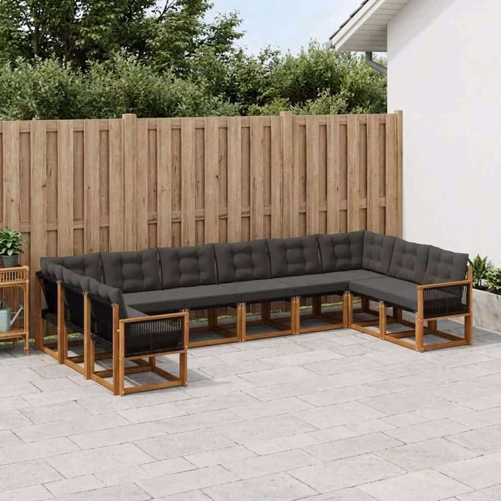 Set di divani da esterno a forma di U vidaXL composto da 10 pezzi in legno di acacia e textilene, colore naturale e nero