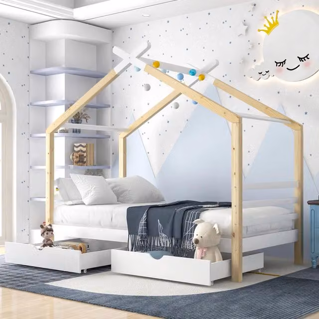 Letto a casetta singolo 90 × 200 cm con 2 cassetti e rete, senza materasso, in pino massello e MDF, bianco