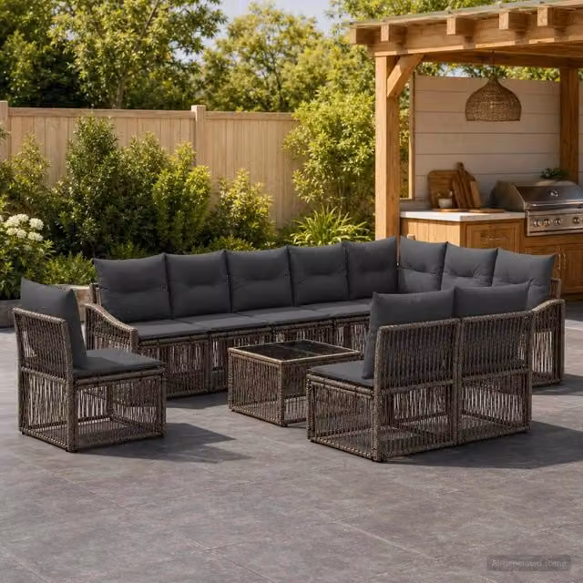 Set Divano da Giardino vidaXL a forma a U in Polyrattan Grigio con Cuscini e Tavolino
