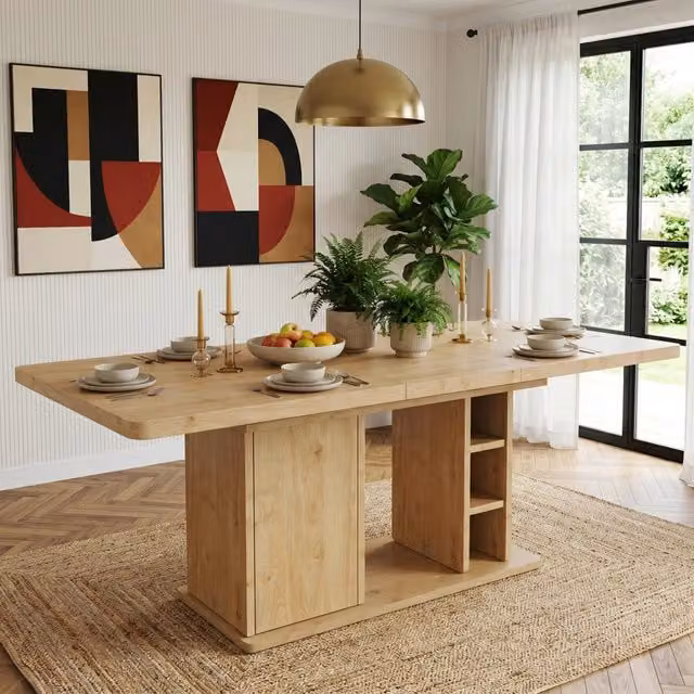 Tavolo da pranzo allungabile, 140/180 x 80 cm, per 6-8 persone, con vano portaoggetti, color legno naturale