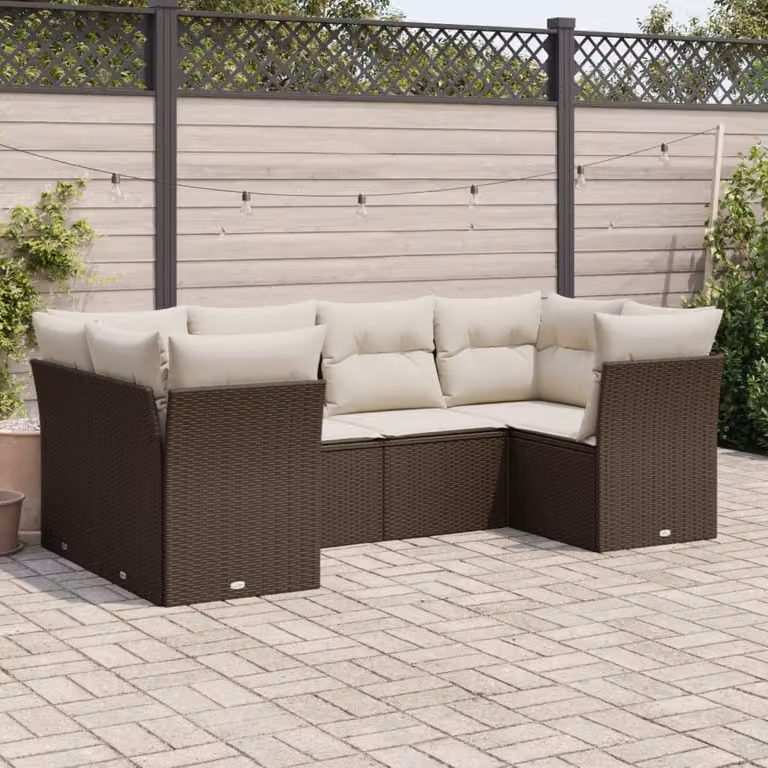 Set Divano da Giardino vidaXL 6 pz in Polyrattan Marrone con Cuscini Bianchi a L