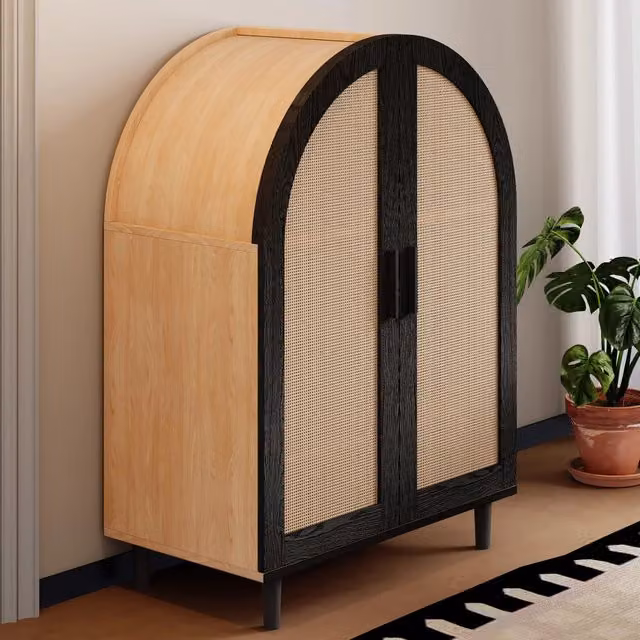 Scarpiera con 2 ante in rattan 3 ripiani 2 regolabili gambe in metallo per ingresso naturale e nero 70 × 40 × 100 cm