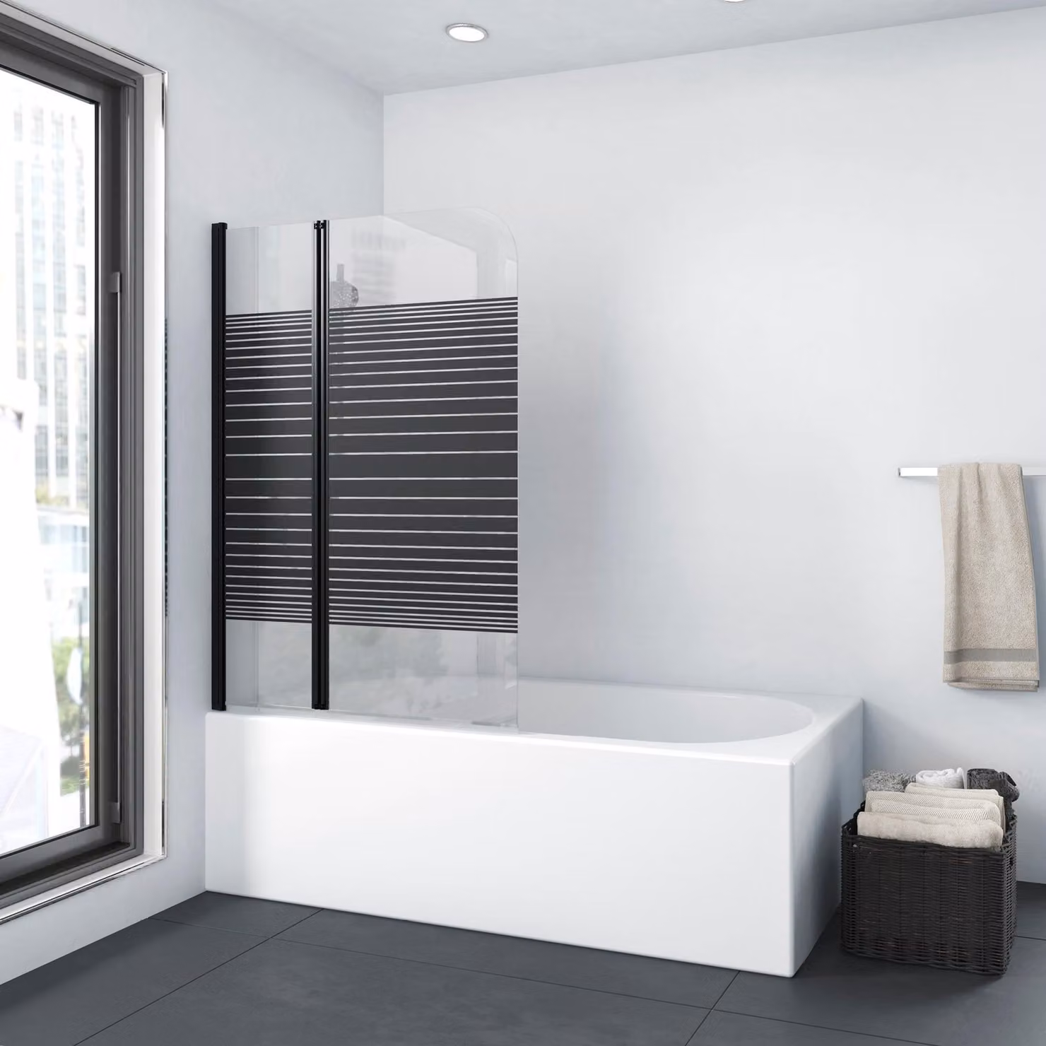 Pannello divisorio per vasca da bagno, dimensioni 100x140 cm, composto da 2 elementi, colore nero, materiale: alluminio, vetro temperato