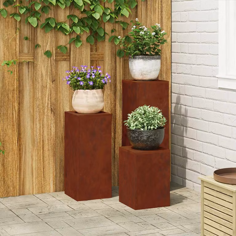vidaXL Supporto per piante 3 pz Ruggine 24 x 24 x 75 cm Acciaio Corten