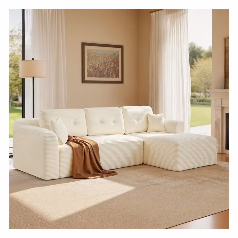 Divano angolare modulare con ampia chaise longue sinistra, Bianco Crema / ampia chaise longue destra
