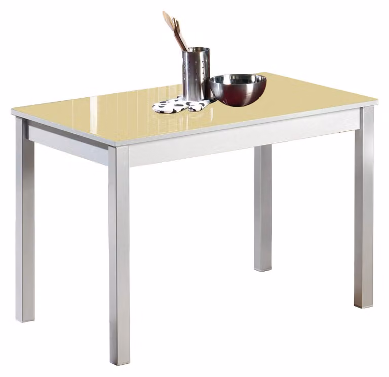 Tavolo da pranzo con piano in vetro, color beige, struttura in metallo, dimensioni 90x50 cm