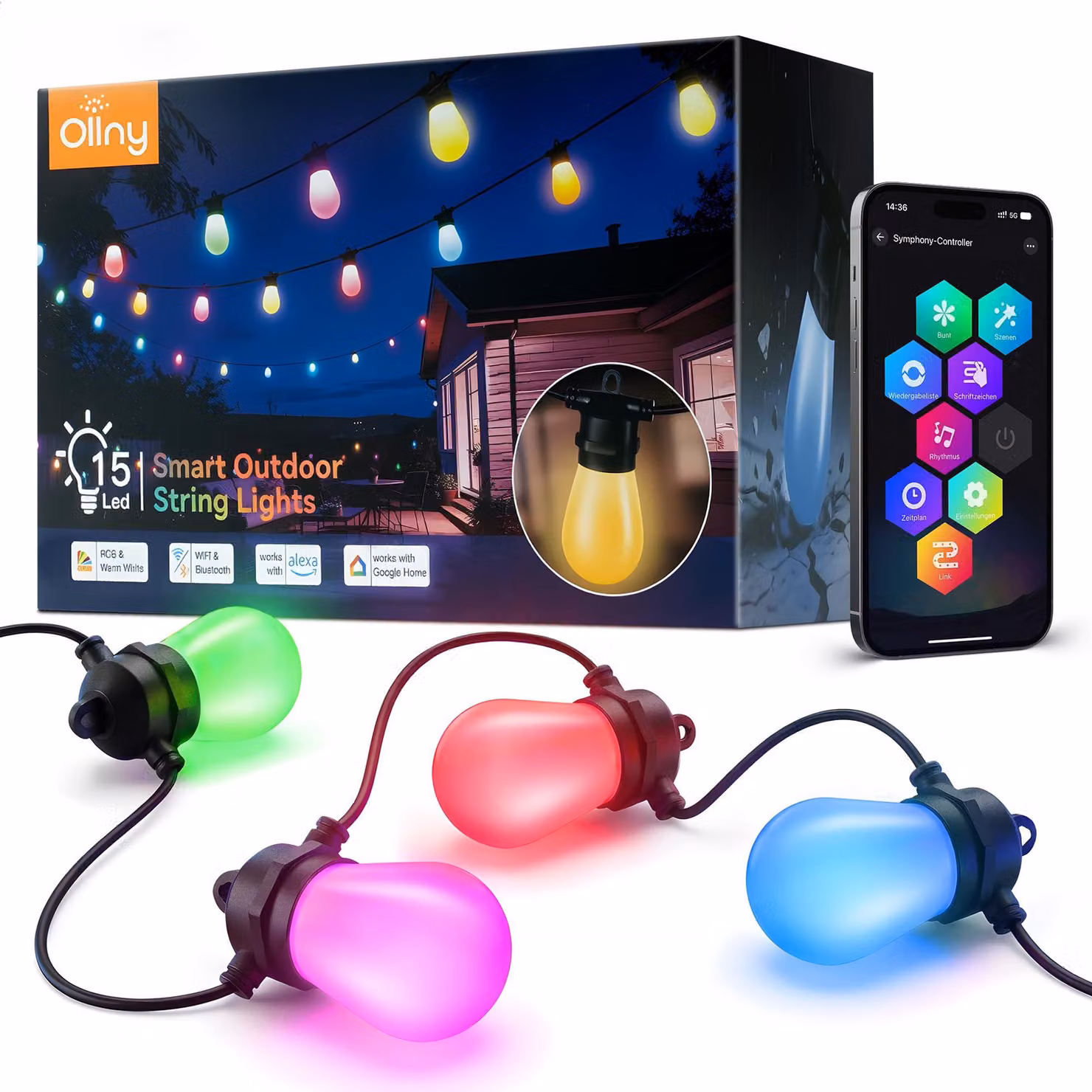 Catena luminosa a LED, 15 metri, RGBW, dimmerabile, controllo tramite app, grado di protezione IP65