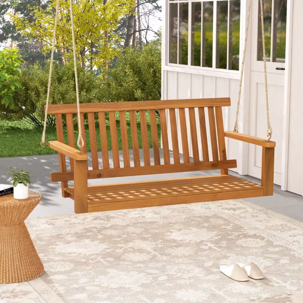 Panchina a dondolo in legno di acacia marrone con braccioli e corde di canapa per giardino, balcone o terrazzo – 2