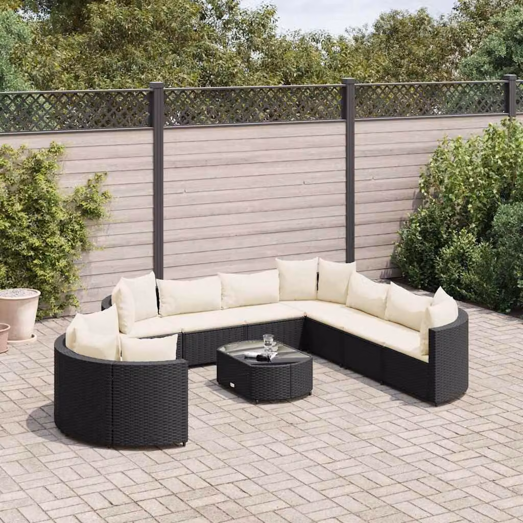 Set di divani da giardino vidaXL a forma di U con tavolino da esterno e cuscini, struttura in metallo e rattan nero e bianco