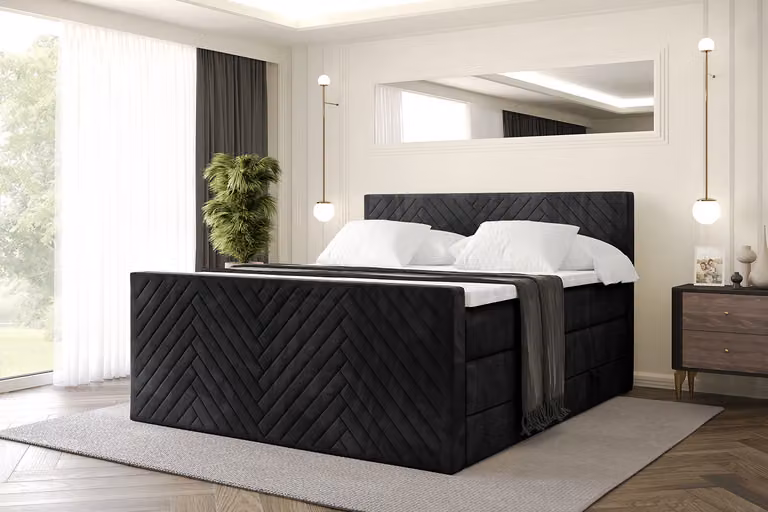 Letto boxspring ALTDECOR con materasso e rete a doghe, topper, letto imbottito con contenitore, letto con contenitore per materassi H3 e H4, letto matrimoniale, letto boxspring -VEXA-Z KING-200x200 - Nero Casablanca