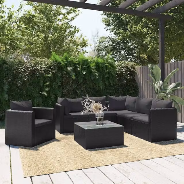 Set Divani da Giardino 7 pz con Cuscini in Polyrattan Nero 46552