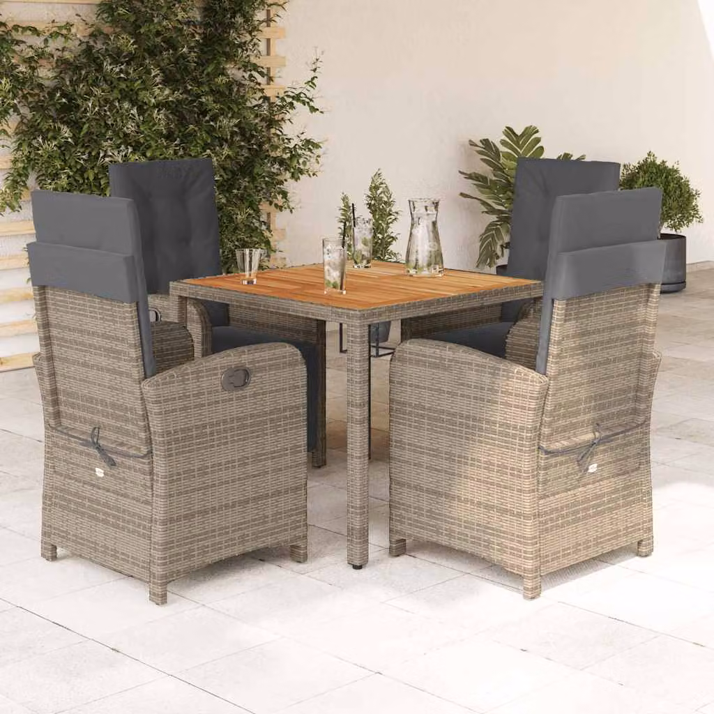 Set da Pranzo da Giardino vidaXL in Polyrattan e Legno di Acacia Grigio con 5 Pezzi e Cuscini