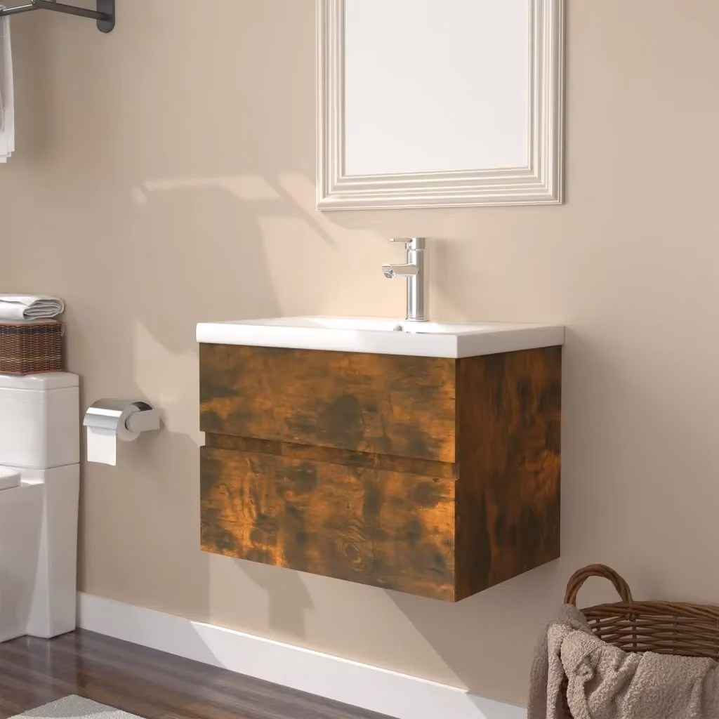 Mobile Bagno Sospeso Moderno con Lavabo in Ceramica Design In, Colore Bianco e Legno Marrone, L: 60 cm, P: 38,5 cm, H: 45 cm – 2