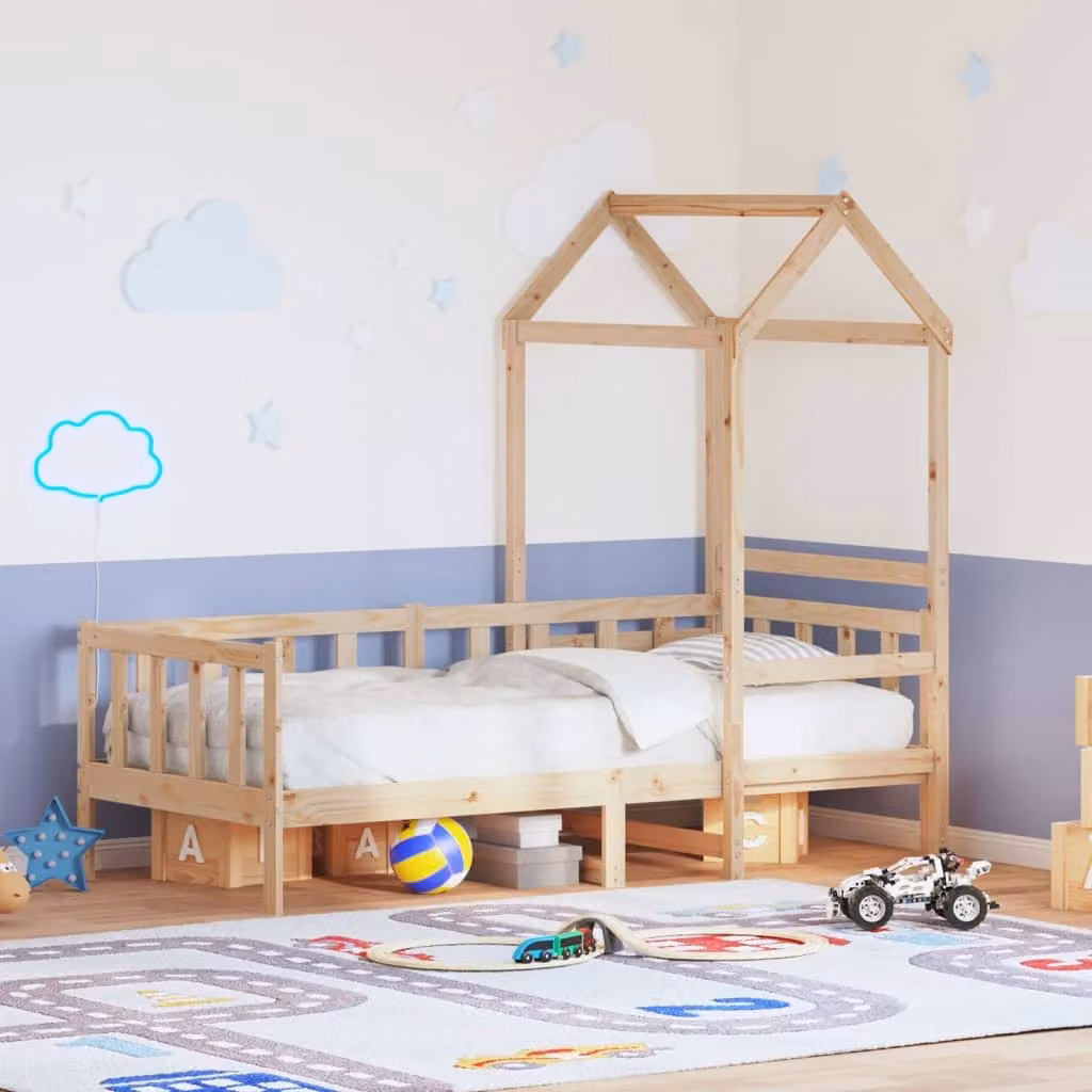 vidaXL Dormeuse con Tetto per Bambini in Legno Massello di Pino, Colore Marrone, L/P/H: 200 x 80 x 103,5 cm