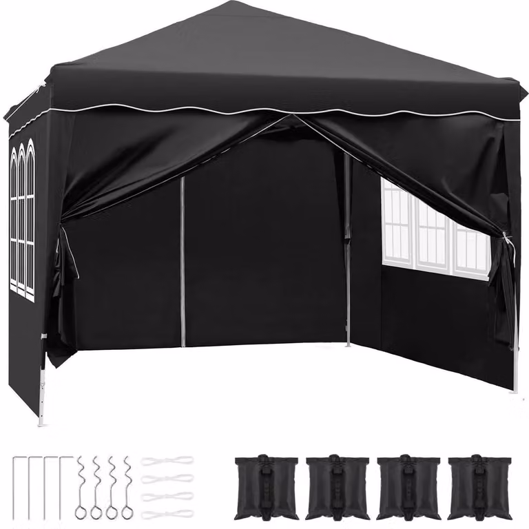 Gazebo da esterno 3x3 metri, impermeabile, stabile, con protezione UV 50+, struttura in metallo nero, completo di sacchi di sabbia