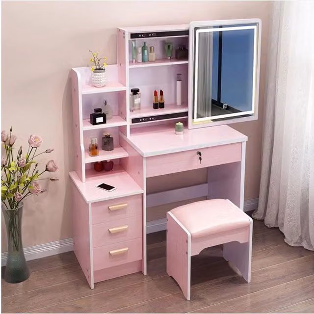 Set Tavolo da Toeletta Trade Shop Traesio con Specchio LED Hollywood, Sgabello e Cassetti, Rosa