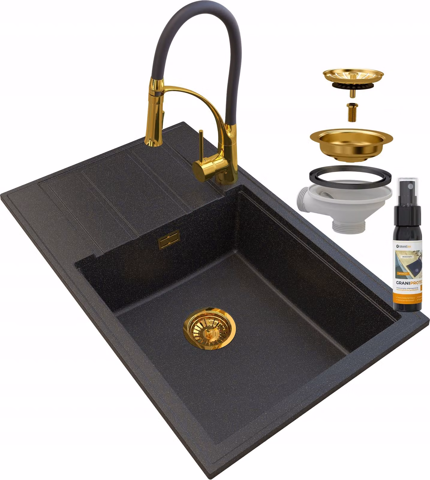Granitan - Lavello in granito - Lavello da cucina - 80x50 cm - Nero - con rubinetteria NEXO e scolapiatti - LOUIS