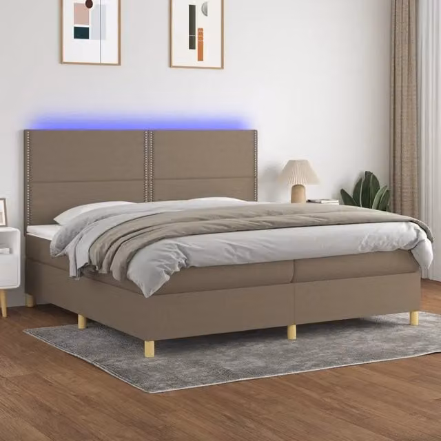 Letto a Molle Materasso e LED tortora 200x200cm in Tessuto 3135385