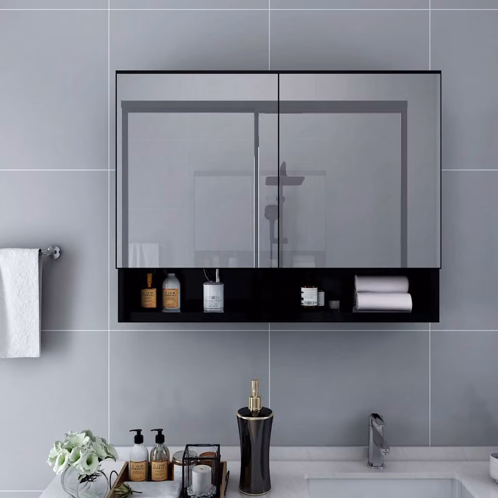 Armadietto a specchio con LED vidaXL nero con ripiani interni e ante a battente in MDF e vetro L: 80 cm, P: 15 cm, H: 60 cm
