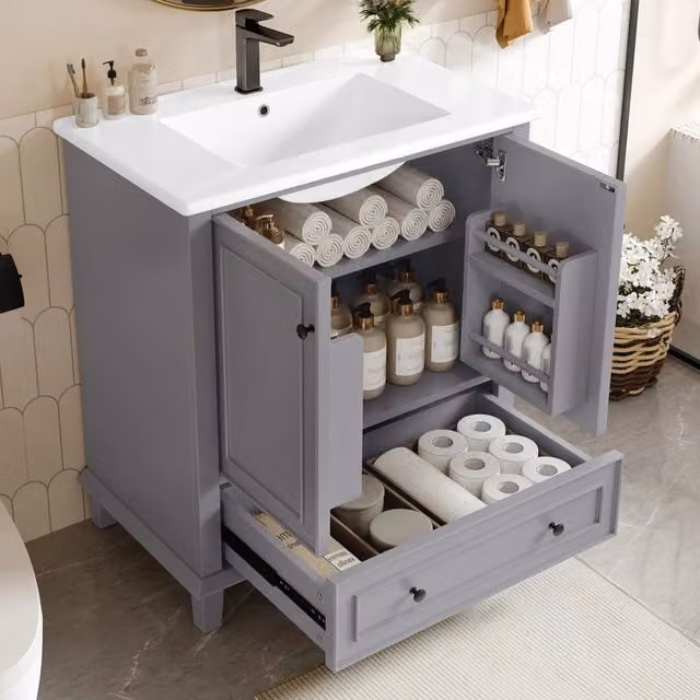 Mobile Bagno Moderno a Terra con Lavabo Integrato, 2 Ante e Ripiani Interni, in MDF e Legno Massello, Grigio e Nero
