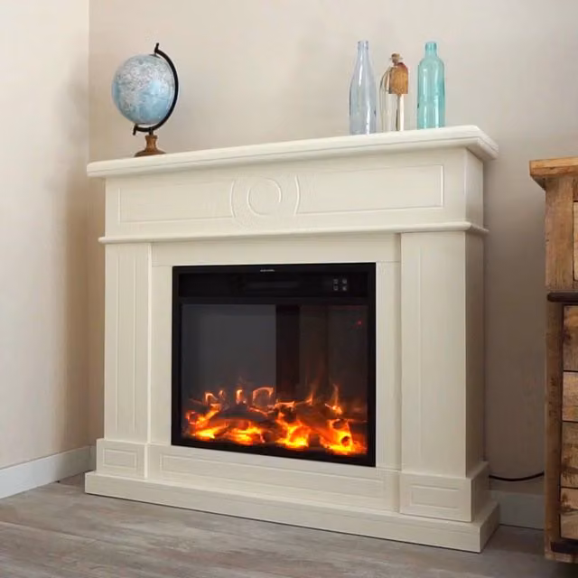 Caminetto Fuego Roberta Blanco 1500w a Parete Con Cornice Telecomando e Bruciatore Bianco Crema