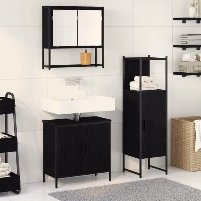 Set di mobili per il bagno vidaXL composto da 3 pezzi in nero opaco, include armadietto a specchio, mobile sottolavabo e pensile, H x L x P: 113,5 x 60 x 30 cm