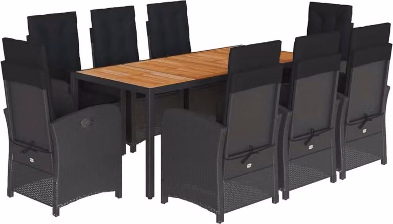 Set da Pranzo da Giardino 9 pz con Cuscini Nero in Polyrattan