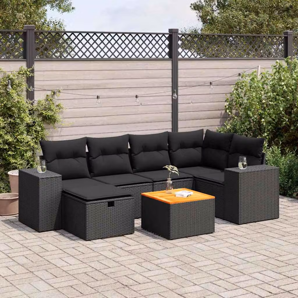 Set di divani da giardino vidaXL a forma di L con 7 pezzi, polyrattan e cuscini inclusi, nero e marrone