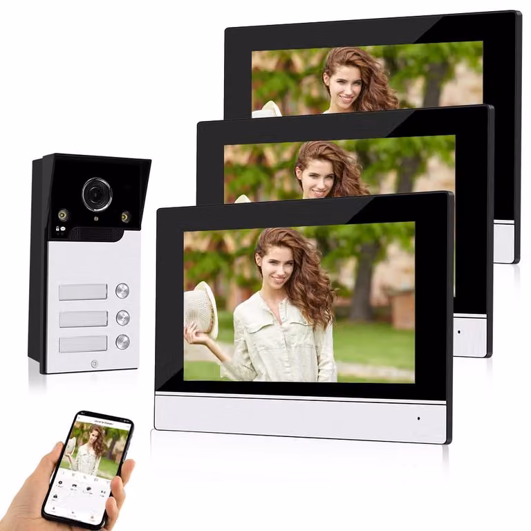 Videocitofono con schermo touchscreen da 7 pollici - Sistema cablato 1080p - Visione notturna - Per tre unità abitative