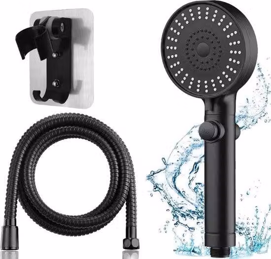 Doccetta a risparmio idrico con 5 tipi di getto e tubo flessibile da 15 m, nera