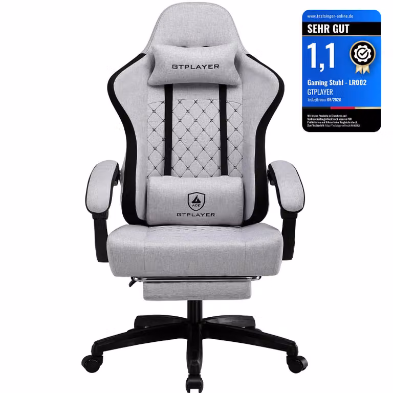 GTPLAYER sedia da gioco Poltrona ergonomica da gioco Sedia da scrivania Sedia da corsa per PC gamer con superficie in tessuto, cuscino di seduta in piuma con poggiapiedi grigio chiaro