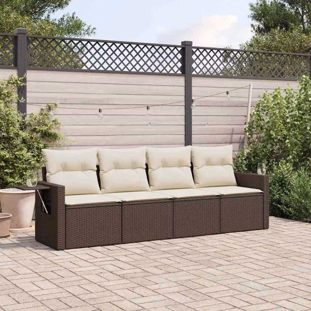 vidaXL Set Divano da Giardino 4 pz in Polyrattan Marrone con Cuscini e Tavolino – 1