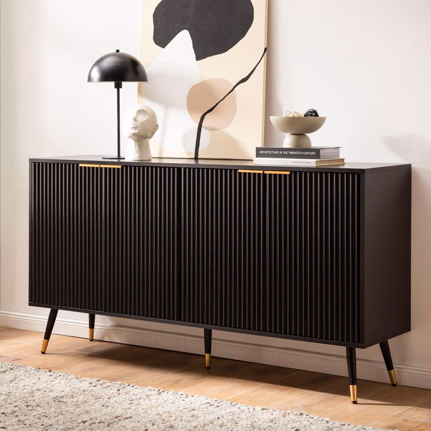 FineBuy Credenza 150x81x39 cm Credenza nera con finitura rovere Comò con ante Comò a colonne Comò da ingresso Comò da salotto in stile moderno