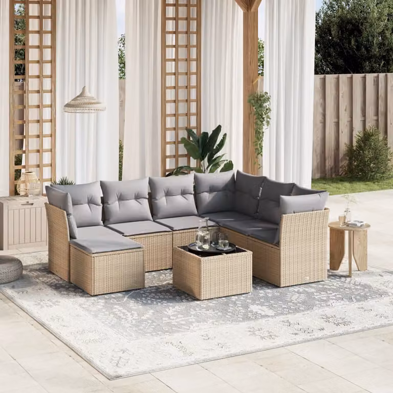 vidaXL Set Divano da Giardino 8 pz a Forma di L con Cuscini Beige e Grigio in Polyrattan e Metallo