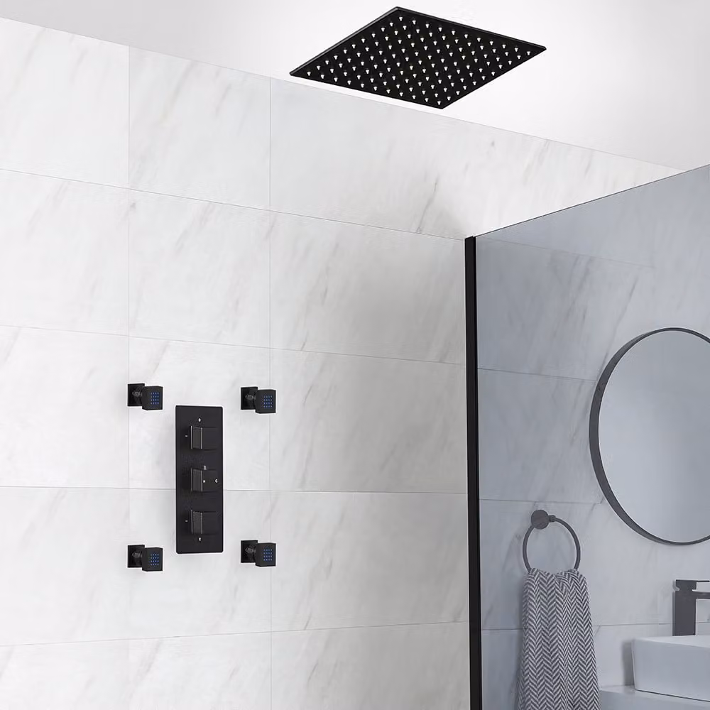 Sistema Doccia Termostatico Nero con Soffione Quadrato da 400mm da Incasso, Soffione e Idrogetti (2 Vie) - Preto