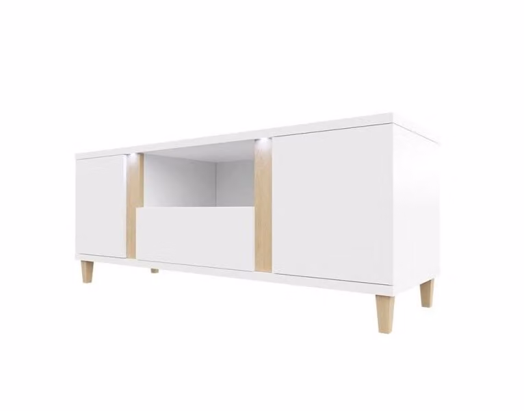 Tavolino per TV con illuminazione a LED BANTRY - bianco / bianco lucido / impiallacciatura naturale