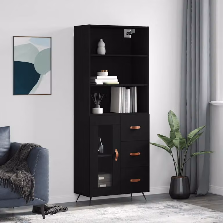 vidaXL Credenza Moderna Nera con Ante in Vetro e Cassetti, L/P/H: 69,5 x 34 x 180 cm
