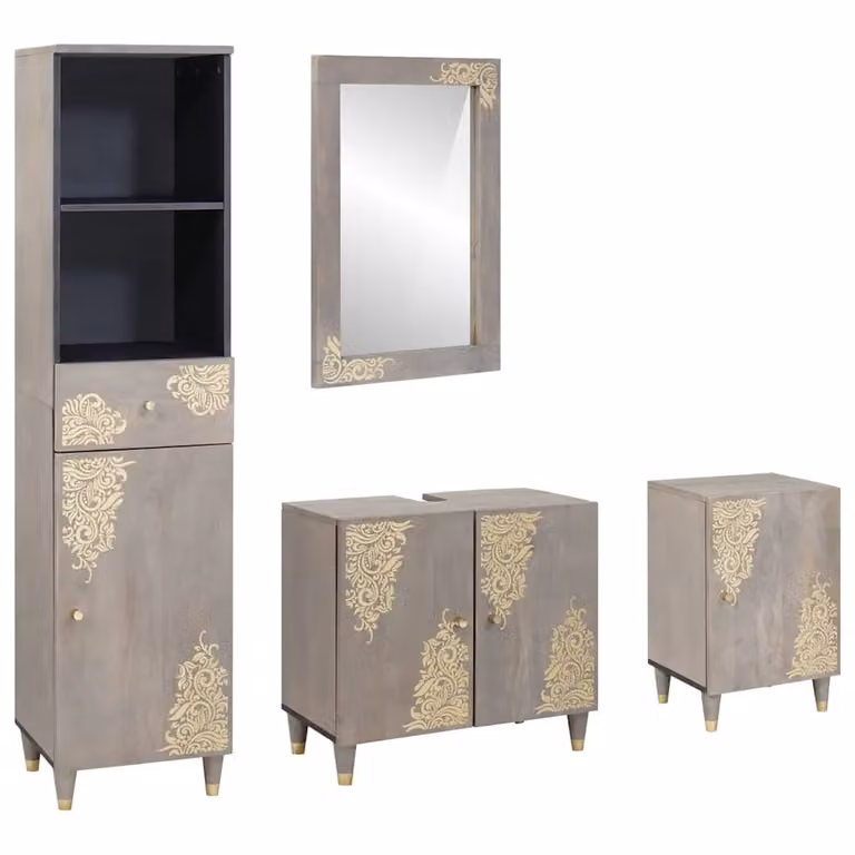 Set di 4 mobili da bagno vidaXL in legno di mango massello grigio con dettagli oro