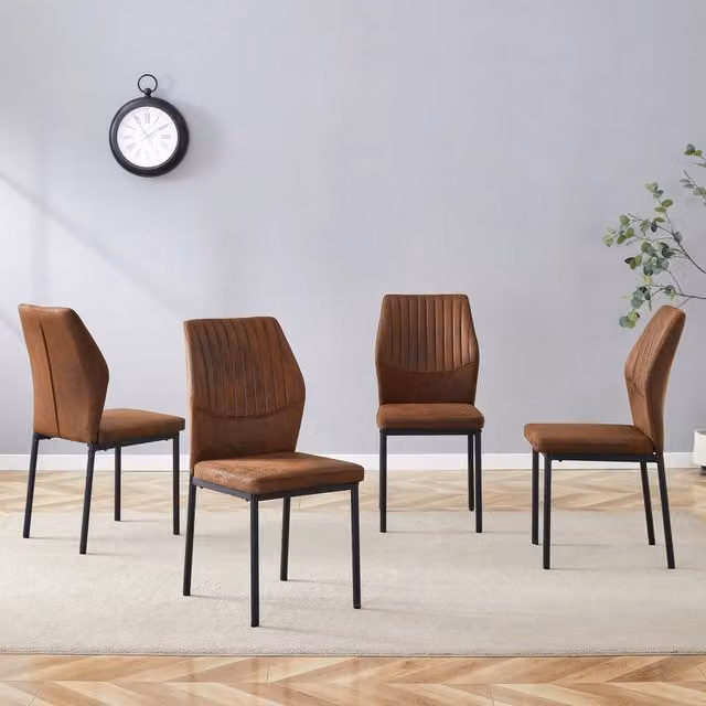 [Set di 4] Sedie da pranzo dallo stile lussuoso e leggero: schienale in tessuto tecnico marrone con goffratura verticale + gambe in metallo nero. Adat